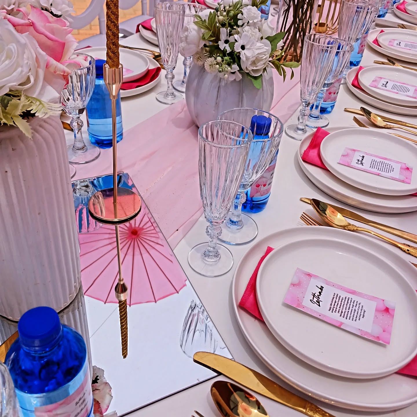 An elegant event table place setting styled by Rosy's Cakes and Events